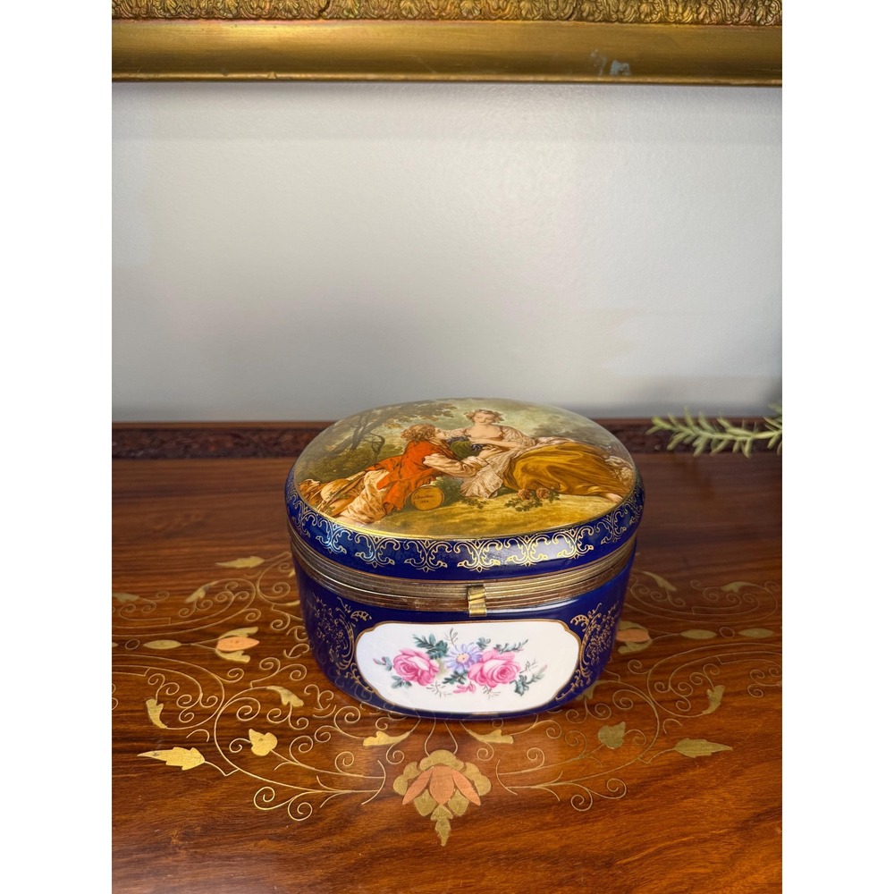 Vintage RS Porcelain Jewelry Box • Boucher Courting Scene Cobalt Blue & Gold